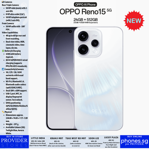 Oppo Reno 15 5G (12GB + 12GB Extended RAM/ 512GB Storage / 50MP +